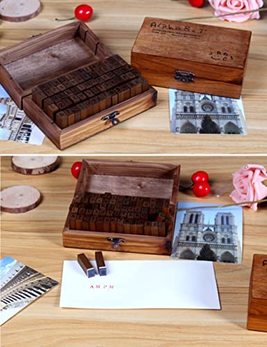 Sellos de goma con letras del alfabeto, números y símbolos (70 piezas). Con caja de madera para hacer tarjetas postales y más